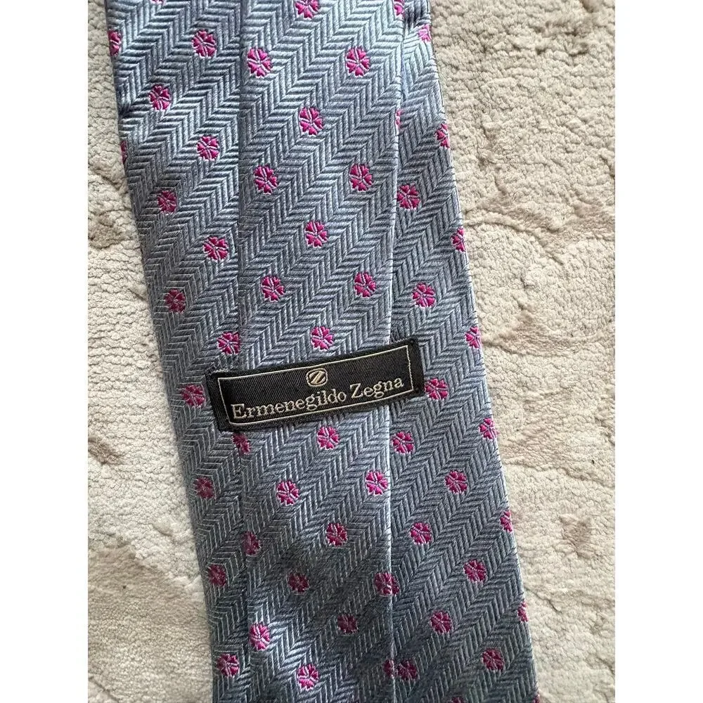 Ermenegildo Zegna 100% Silk Tie Blue Pink Herringbone Designer Italy